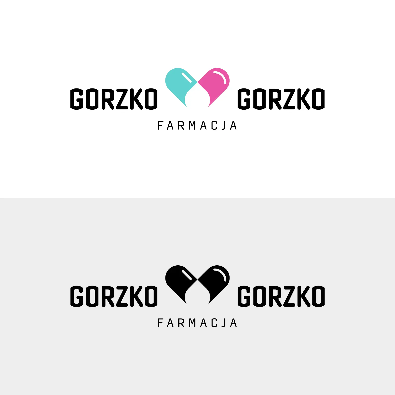 Two versions of a logo with GORZKO text and two capsules forming a heart plus FARMACJA underneath.