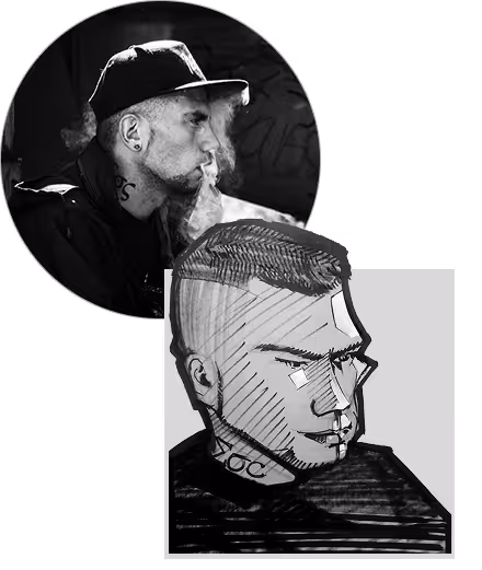 Black-and-white photo of a man smoking with a circular tattoo alongside a sketch of the same man.
