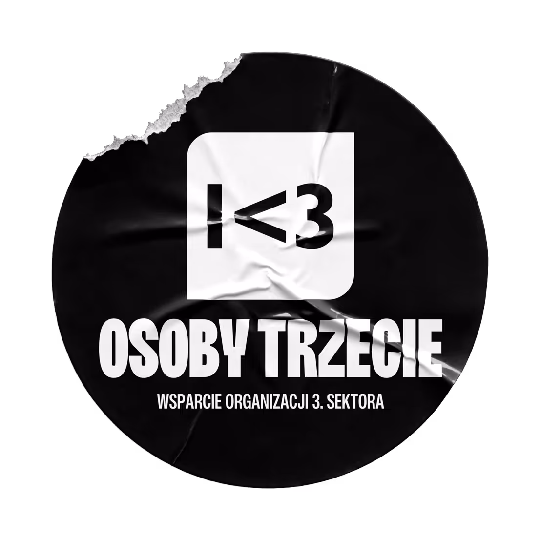 Black circular sticker with white text 'I<3 OSOBY TRZECIE' and smaller text below in Polish.