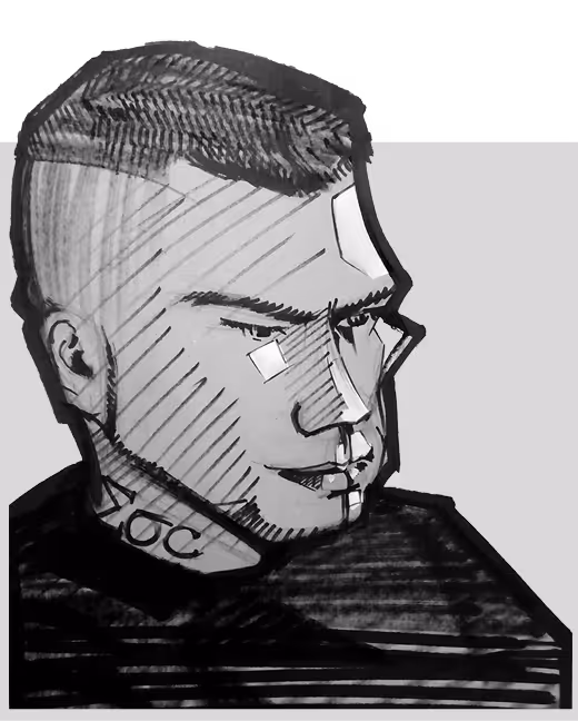 Black and white sketch of a man's side profile with short hair and tattoos on his neck.