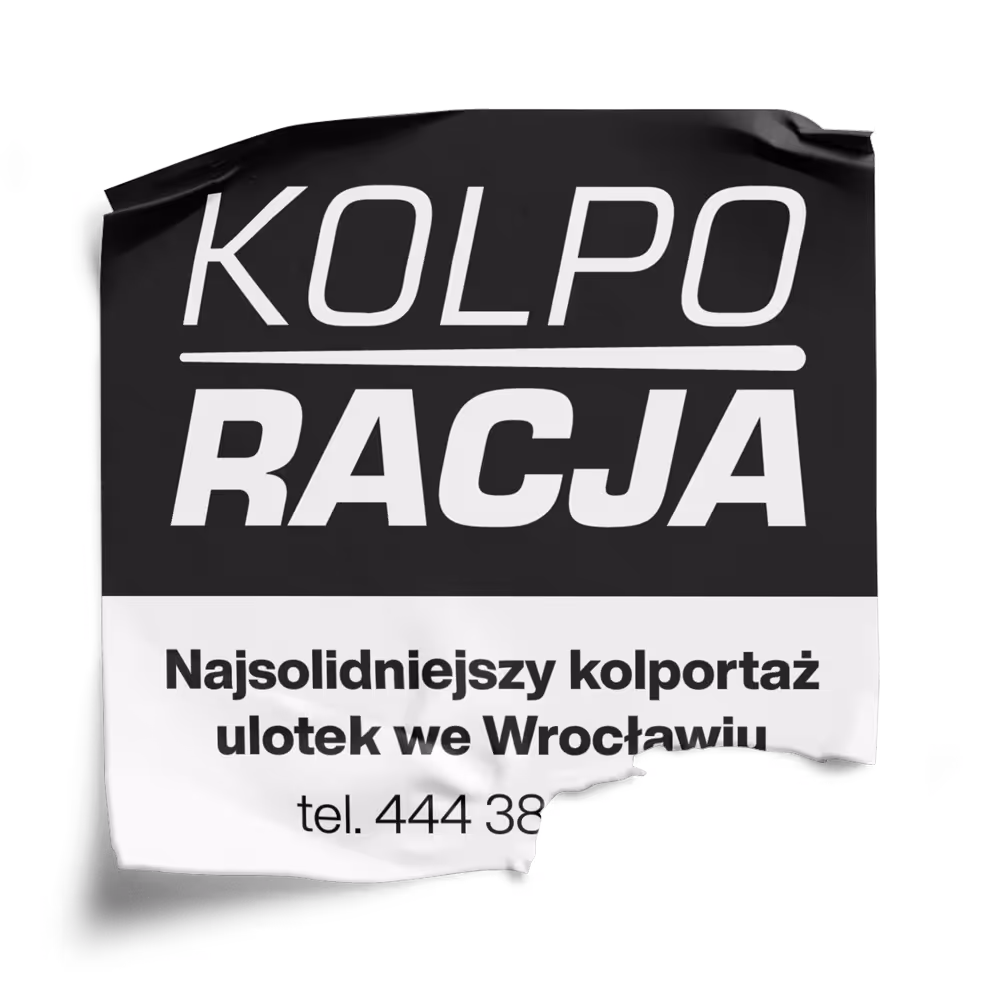 Black and white torn sticker with Polish text about leaflet distribution in Wrocław and partial phone number.